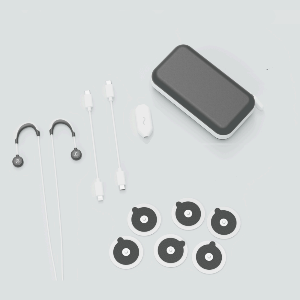 What is in the Roga box: device, ergonomic earhooks, carrying pouch, iOS Lightning adapter, Android USB-C adapter, and 9 stimulation pads