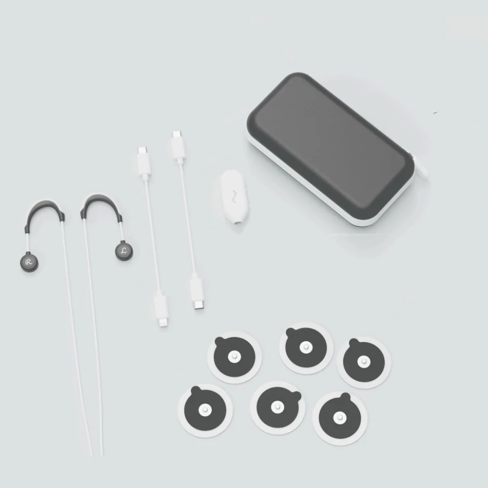 What is in the Roga box: device, ergonomic earhooks, carrying pouch, iOS Lightning adapter, Android USB-C adapter, and 9 stimulation pads